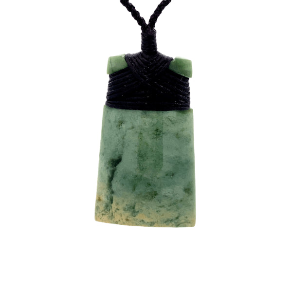 NZ pounamu greenstone flower jade bound toki on plaited slider cord by Jayme Anderson