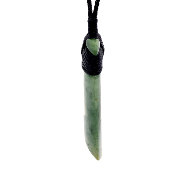 NZ pounamu greenstone flower jade bound toki on plaited slider cord by Jayme Anderson