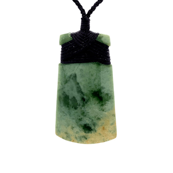 NZ pounamu greenstone flower jade bound toki on plaited slider cord by Jayme Anderson