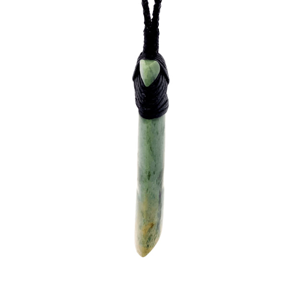 NZ pounamu greenstone flower jade bound toki on plaited slider cord by Jayme Anderson
