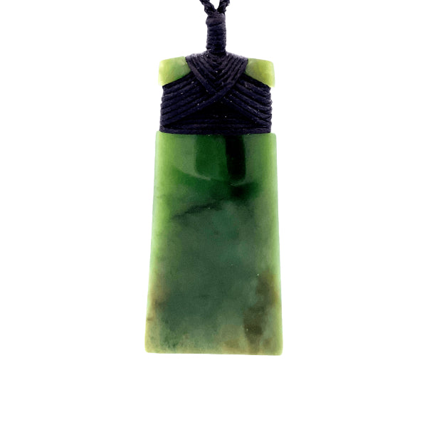 NZ pounamu greenstone bound curved toki on plaited slider cord by Jayme Anderson