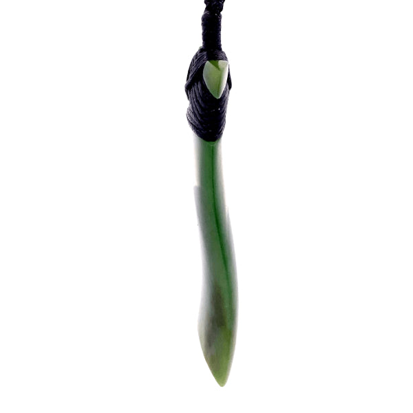 NZ pounamu greenstone bound curved toki on plaited slider cord by Jayme Anderson