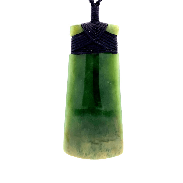NZ pounamu greenstone bound curved toki on plaited slider cord by Jayme Anderson
