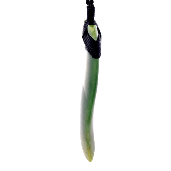 NZ pounamu greenstone bound curved toki on plaited slider cord by Jayme Anderson