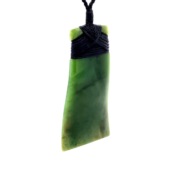 NZ pounamu greenstone bound curved toki on plaited slider cord by Jayme Anderson