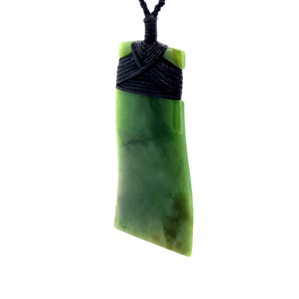 NZ pounamu greenstone bound curved toki on plaited slider cord by Jayme Anderson