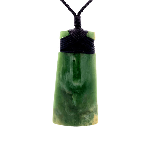 NZ pounamu greenstone flower jade bound toki on plaited slider cord by Jayme Anderson