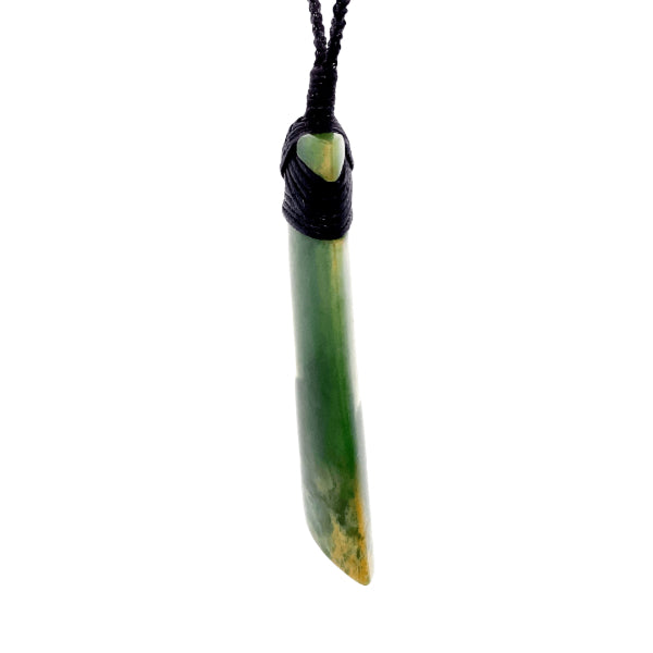 NZ pounamu greenstone flower jade bound toki on plaited slider cord by Jayme Anderson