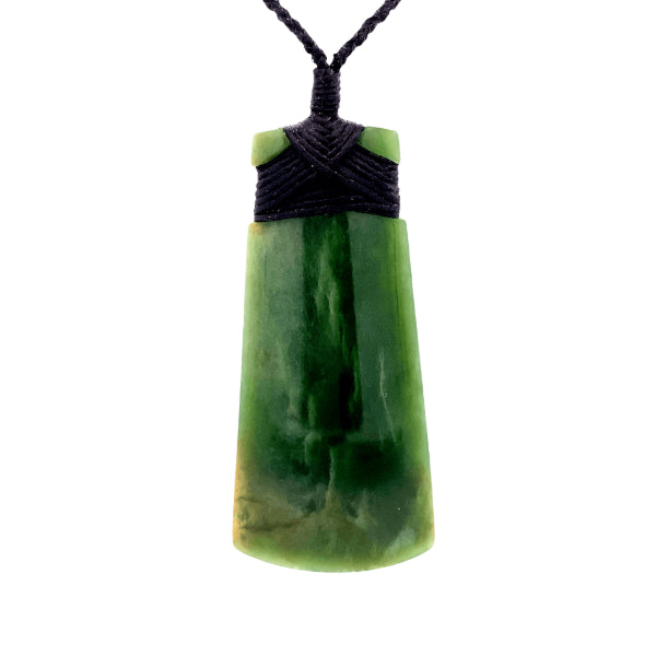 NZ pounamu greenstone flower jade bound toki on plaited slider cord by Jayme Anderson