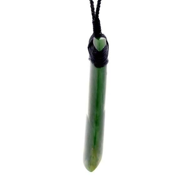 NZ pounamu greenstone flower jade bound toki on plaited slider cord by Jayme Anderson