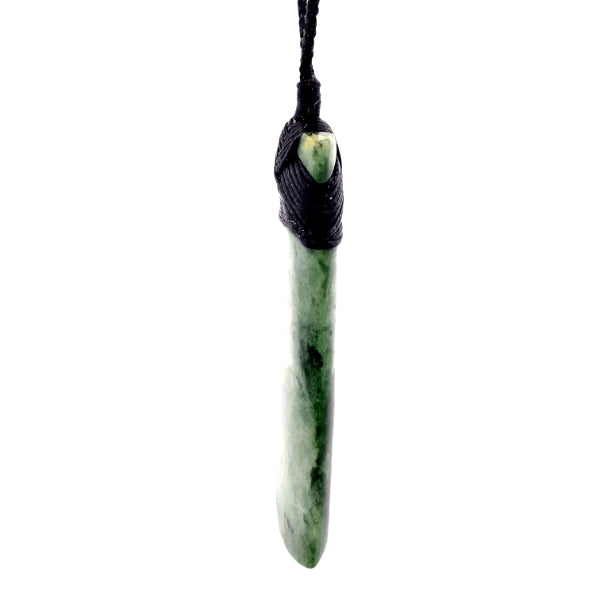 NZ pounamu greenstone bound toki on plaited slider cord by Jayme Anderson
