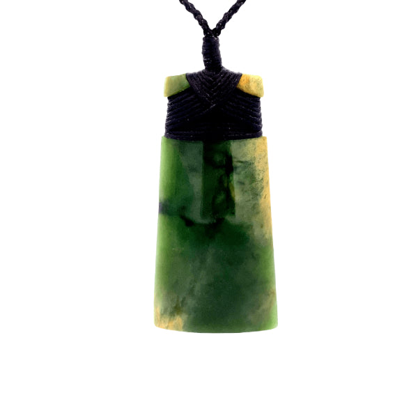 NZ pounamu greenstone flower jade bound toki on plaited slider cord by Jayme Anderson