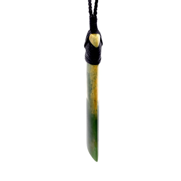 NZ pounamu greenstone flower jade bound toki on plaited slider cord by Jayme Anderson