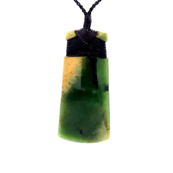 NZ pounamu greenstone flower jade bound toki on plaited slider cord by Jayme Anderson