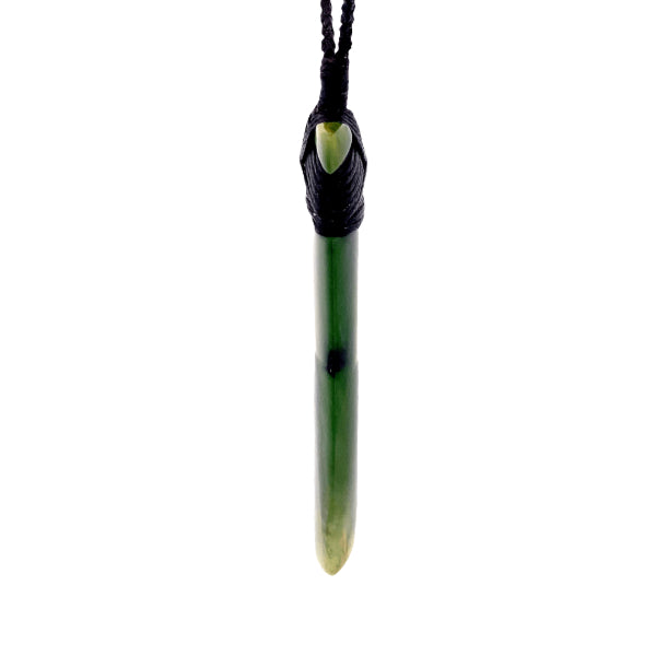 NZ pounamu greenstone flower jade bound toki on plaited slider cord by Jayme Anderson