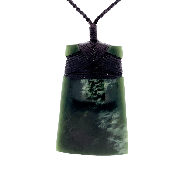 NZ pounamu greenstone bound toki on plaited slider cord by Jayme Anderson