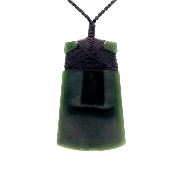 NZ pounamu greenstone bound toki on plaited slider cord by Jayme Anderson