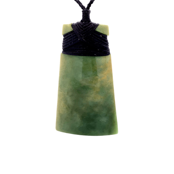 NZ pounamu greenstone flower jade bound toki on plaited slider cord by Jayme Anderson