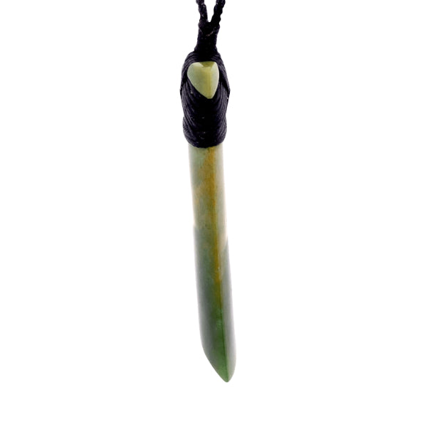 NZ pounamu greenstone flower jade bound toki on plaited slider cord by Jayme Anderson