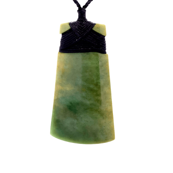 NZ pounamu greenstone flower jade bound toki on plaited slider cord by Jayme Anderson