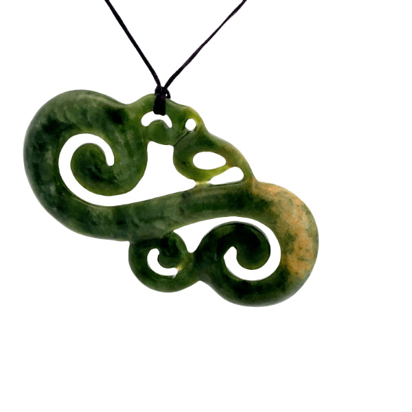 NZ pounamu greenstone flower jade polished manaia on slider cord by Aden Hoglund