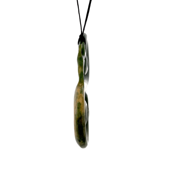 NZ pounamu greenstone flower jade polished manaia on slider cord by Aden Hoglund