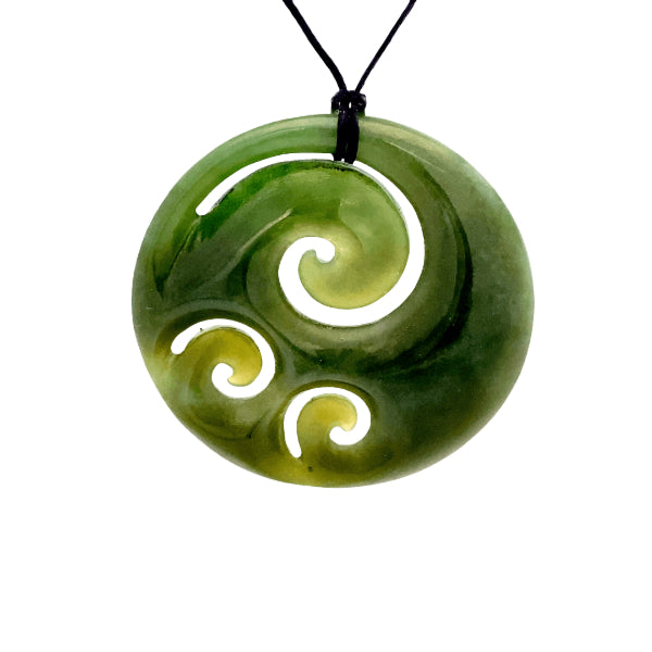 NZ pounamu greenstone medium round with koru pendant on slider cord by Aden Hoglund