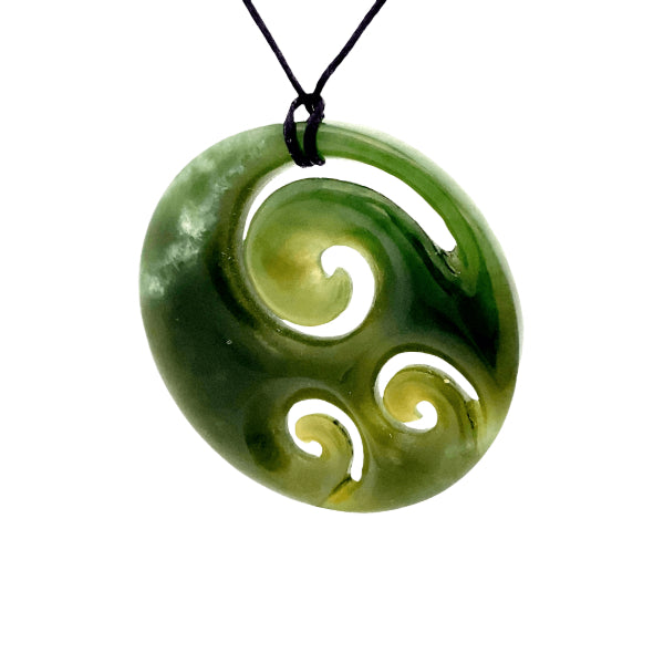 NZ pounamu greenstone medium round with koru pendant on slider cord by Aden Hoglund