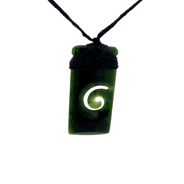NZ pounamu greenstone bound toki with koru necklace on slider cord by Aden Hoglund