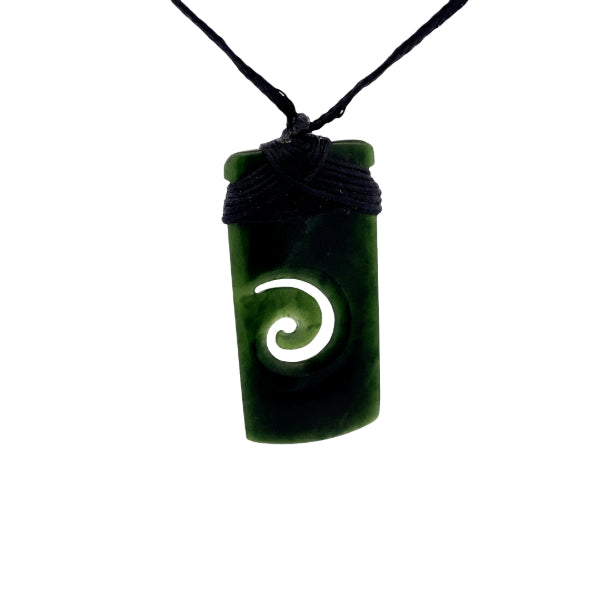 NZ pounamu greenstone bound toki with koru necklace on slider cord by Aden Hoglund