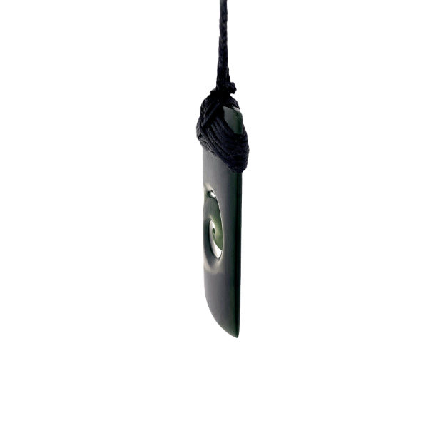 NZ pounamu greenstone bound toki with koru necklace on slider cord by Aden Hoglund