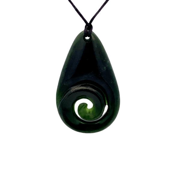 NZ pounamu greenstone polished teardrop with koru necklace on slider cord by Aden Hoglund