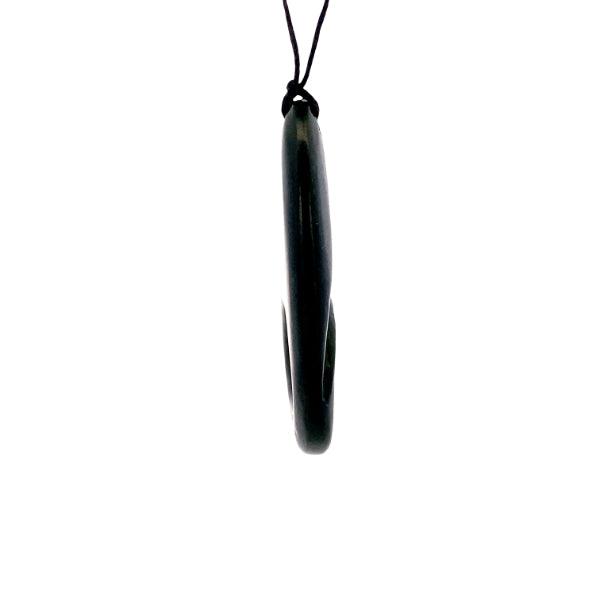 NZ pounamu greenstone polished teardrop with koru necklace on slider cord by Aden Hoglund