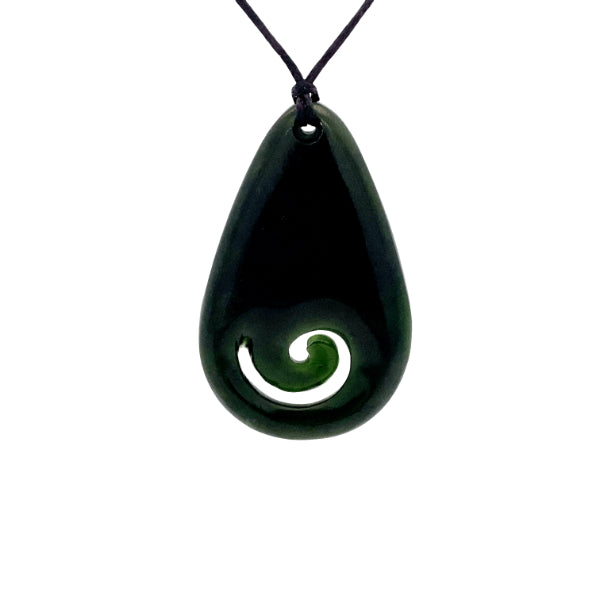 NZ pounamu greenstone polished teardrop with koru necklace on slider cord by Aden Hoglund