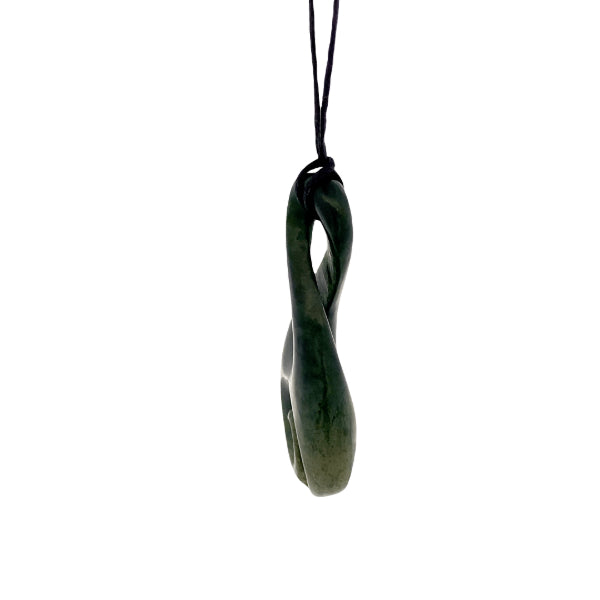 NZ pounamu greenstone twist with koru on slider cord by Aden Hoglund