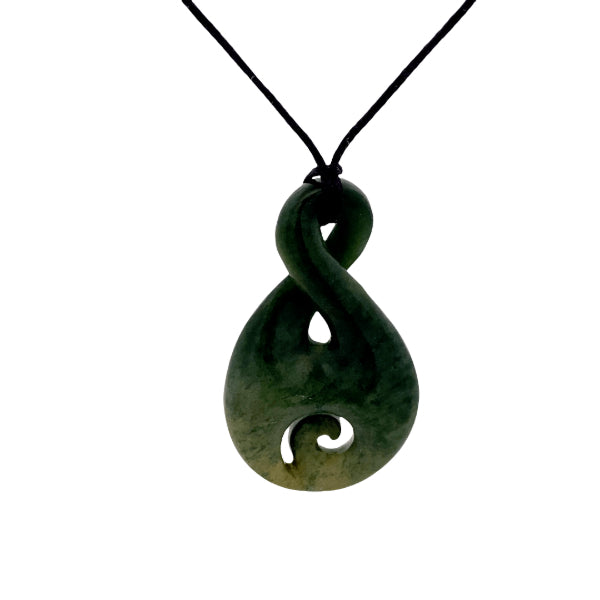 NZ pounamu greenstone twist with koru on slider cord by Aden Hoglund