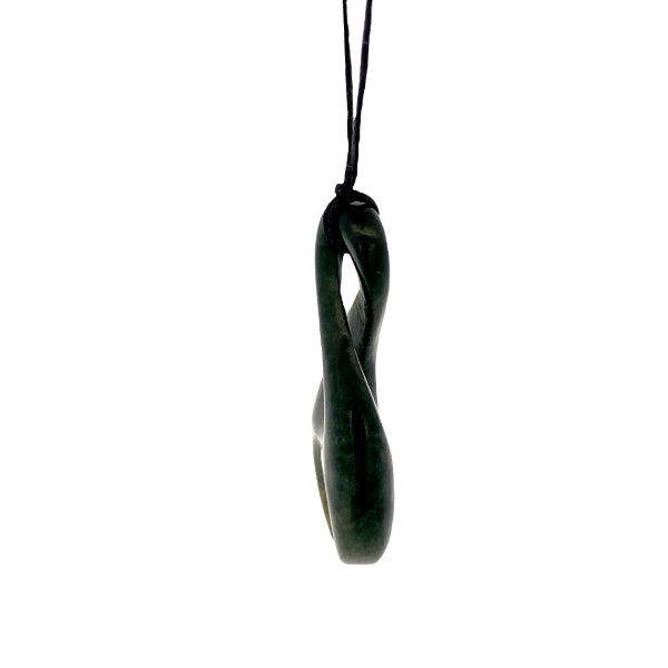 NZ pounamu greenstone twist with koru on slider cord by Aden Hoglund