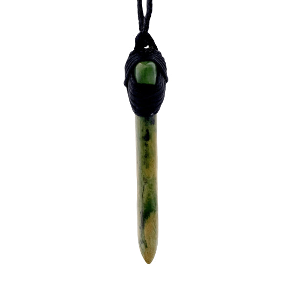 NZ pounamu greenstone toki necklace with koru cutout by Aden Hoglund