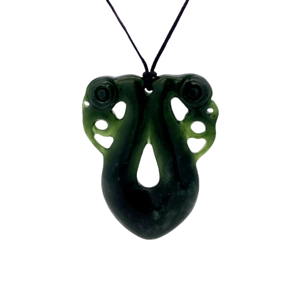 NZ pounamu greenstone double manaia on slider cord by Aden Hoglund