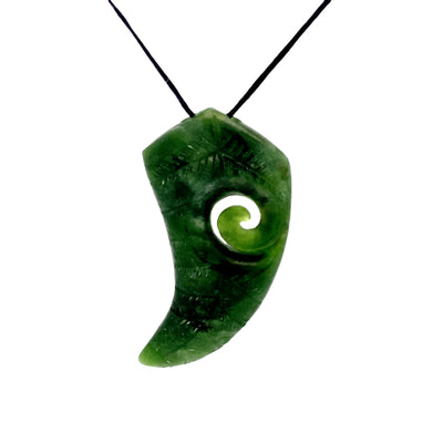 NZ pounamu greenstone engraved fern shape necklace with koru