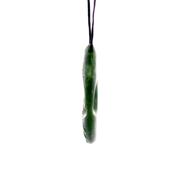 NZ pounamu greenstone engraved fern shape necklace with koru by Aden Hoglund
