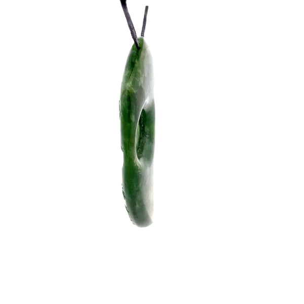 NZ pounamu greenstone engraved fern shape necklace with koru by Aden Hoglund