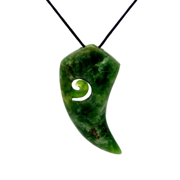 NZ pounamu greenstone engraved fern shape necklace with koru