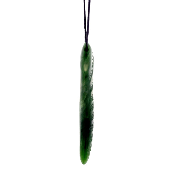 NZ pounamu greenstone engraved fern shape necklace with koru by Aden Hoglund