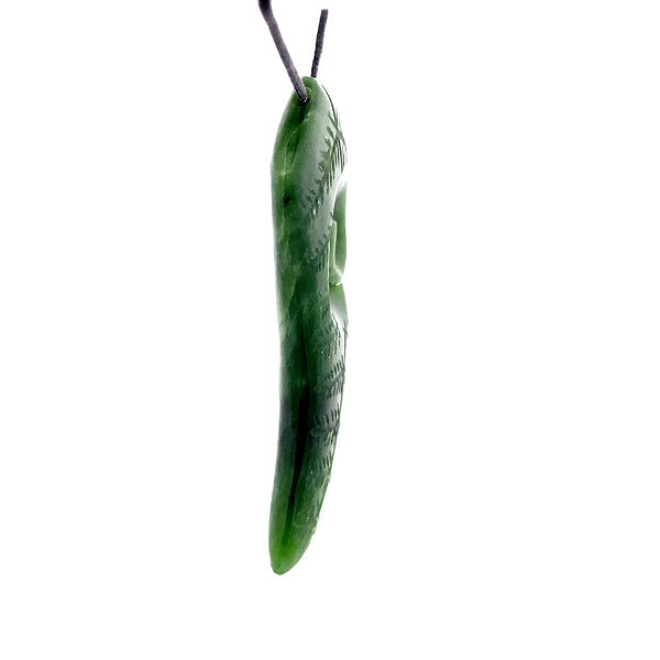 NZ pounamu greenstone engraved fern shape necklace with koru by Aden Hoglund
