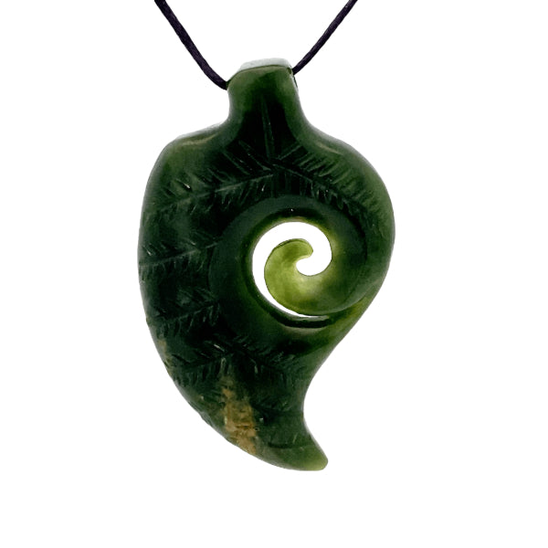 NZ pounamu greenstone engraved fern with koru necklace on slider cord by Aden Hoglund
