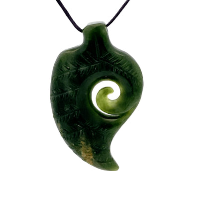 NZ pounamu greenstone engraved fern with koru necklace
