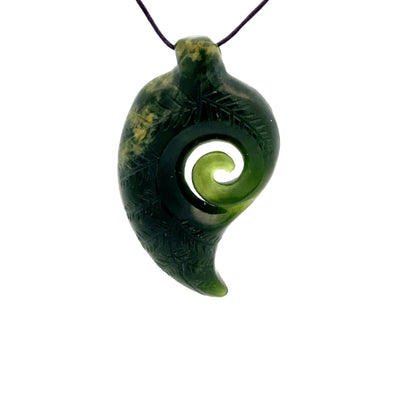 NZ pounamu greenstone engraved fern with koru necklace