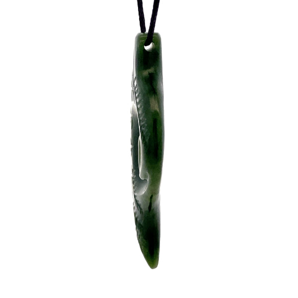 NZ pounamu greenstone engraved fern with koru necklace