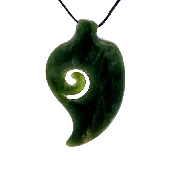NZ pounamu greenstone engraved fern with koru necklace